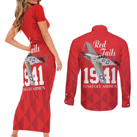 Tuskegee Airmen Red Tails Couples Matching Short Sleeve Bodycon Dress and Long Sleeve Button Shirt African American Pilots Heritage Red Style - Wonder Print Shop