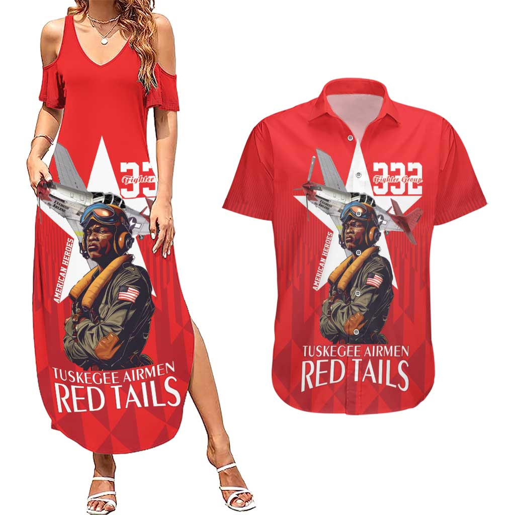 Tuskegee Airmen Red Tails Couples Matching Summer Maxi Dress and Hawaiian Shirt African American Pilots Heritage Red Style - Wonder Print Shop