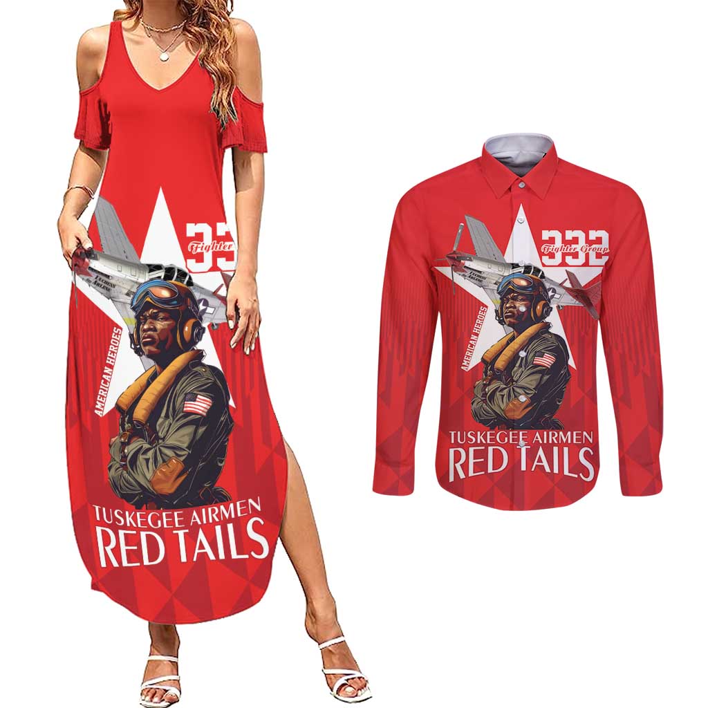 Tuskegee Airmen Red Tails Couples Matching Summer Maxi Dress and Long Sleeve Button Shirt African American Pilots Heritage Red Style - Wonder Print Shop