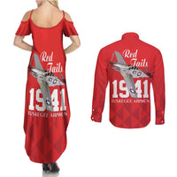 Tuskegee Airmen Red Tails Couples Matching Summer Maxi Dress and Long Sleeve Button Shirt African American Pilots Heritage Red Style - Wonder Print Shop