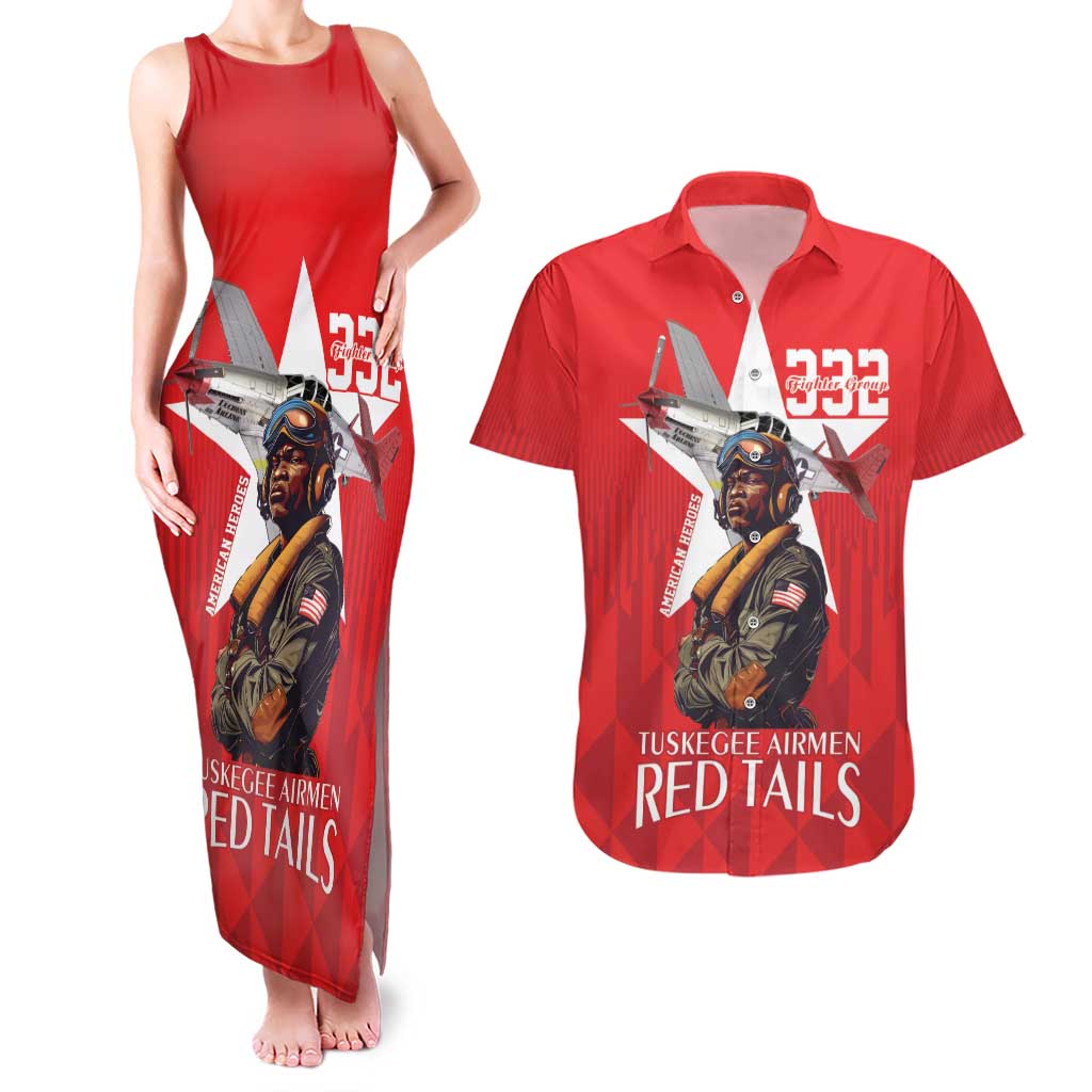 Tuskegee Airmen Red Tails Couples Matching Tank Maxi Dress and Hawaiian Shirt African American Pilots Heritage Red Style - Wonder Print Shop