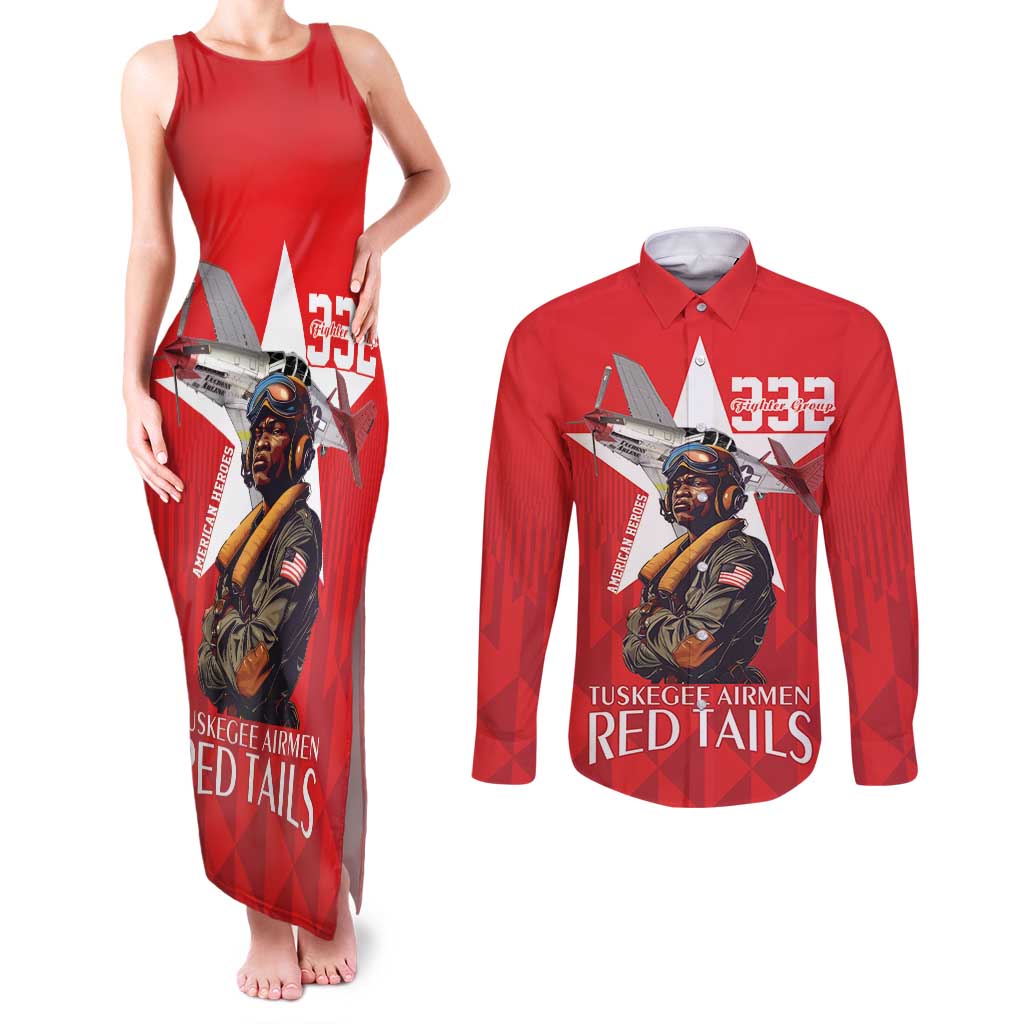 Tuskegee Airmen Red Tails Couples Matching Tank Maxi Dress and Long Sleeve Button Shirt African American Pilots Heritage Red Style - Wonder Print Shop