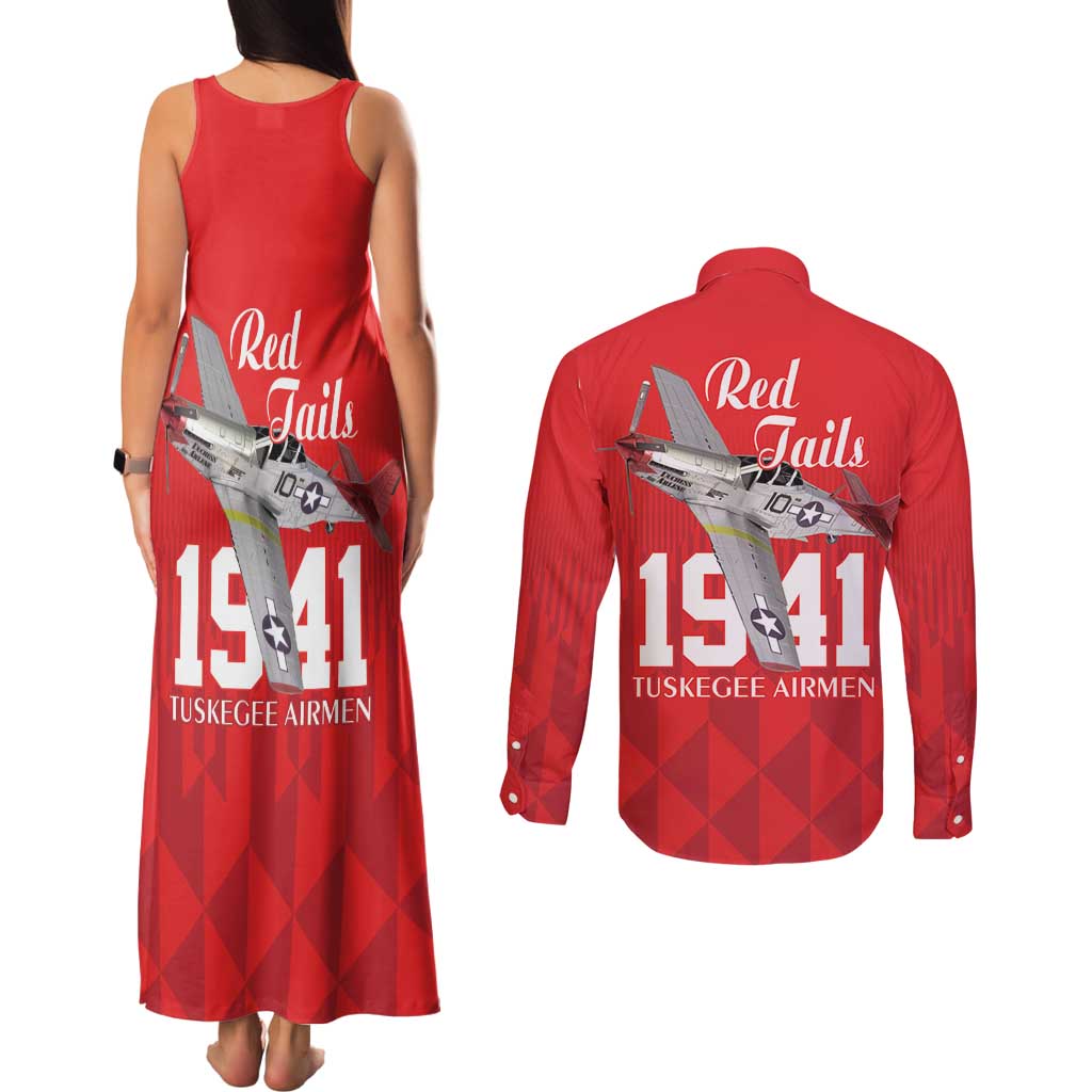 Tuskegee Airmen Red Tails Couples Matching Tank Maxi Dress and Long Sleeve Button Shirt African American Pilots Heritage Red Style - Wonder Print Shop