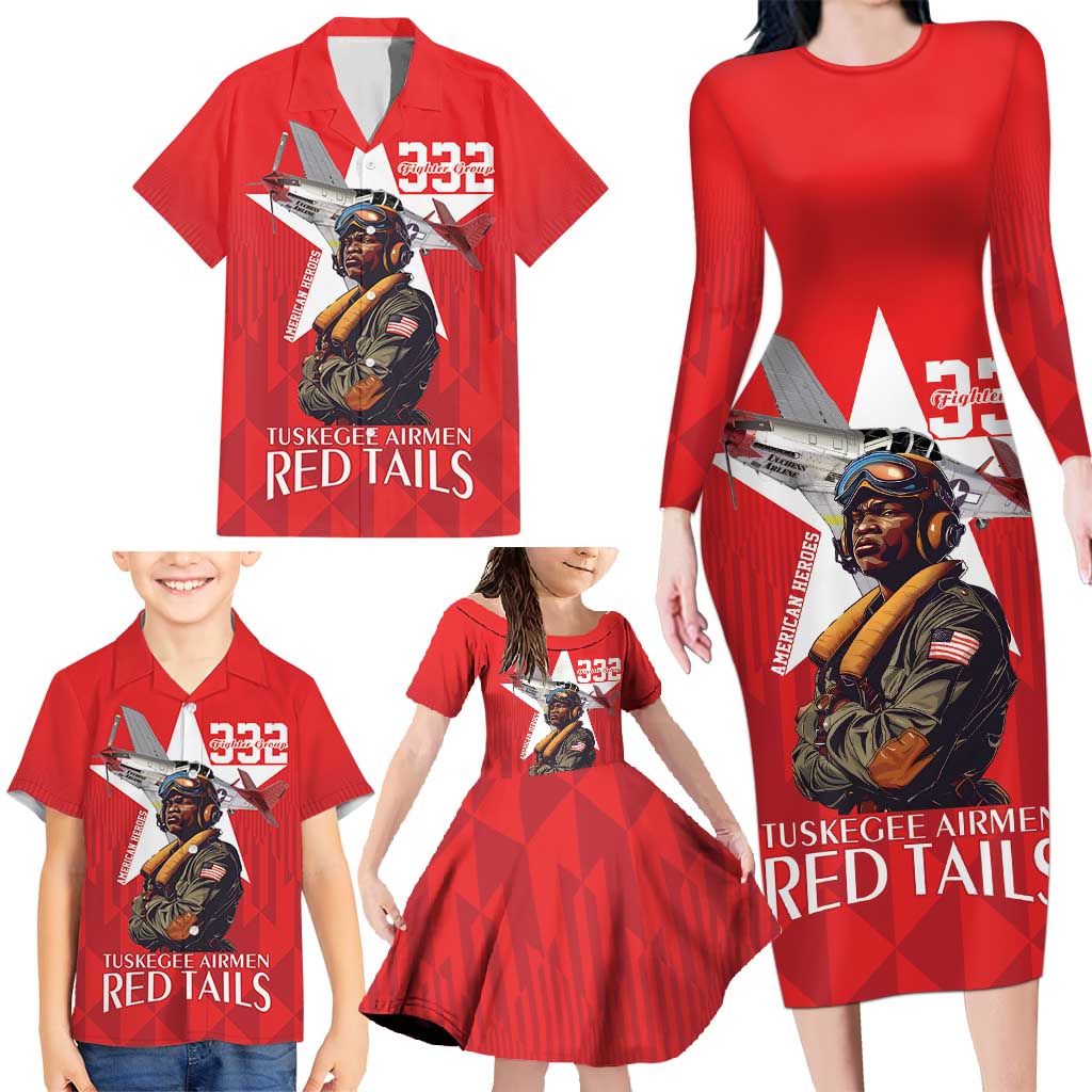 Tuskegee Airmen Red Tails Family Matching Long Sleeve Bodycon Dress and Hawaiian Shirt African American Pilots Heritage Red Style - Wonder Print Shop