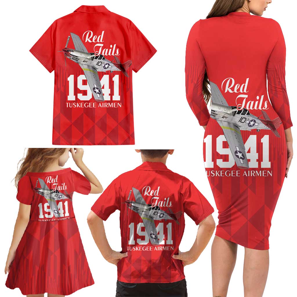 Tuskegee Airmen Red Tails Family Matching Long Sleeve Bodycon Dress and Hawaiian Shirt African American Pilots Heritage Red Style - Wonder Print Shop