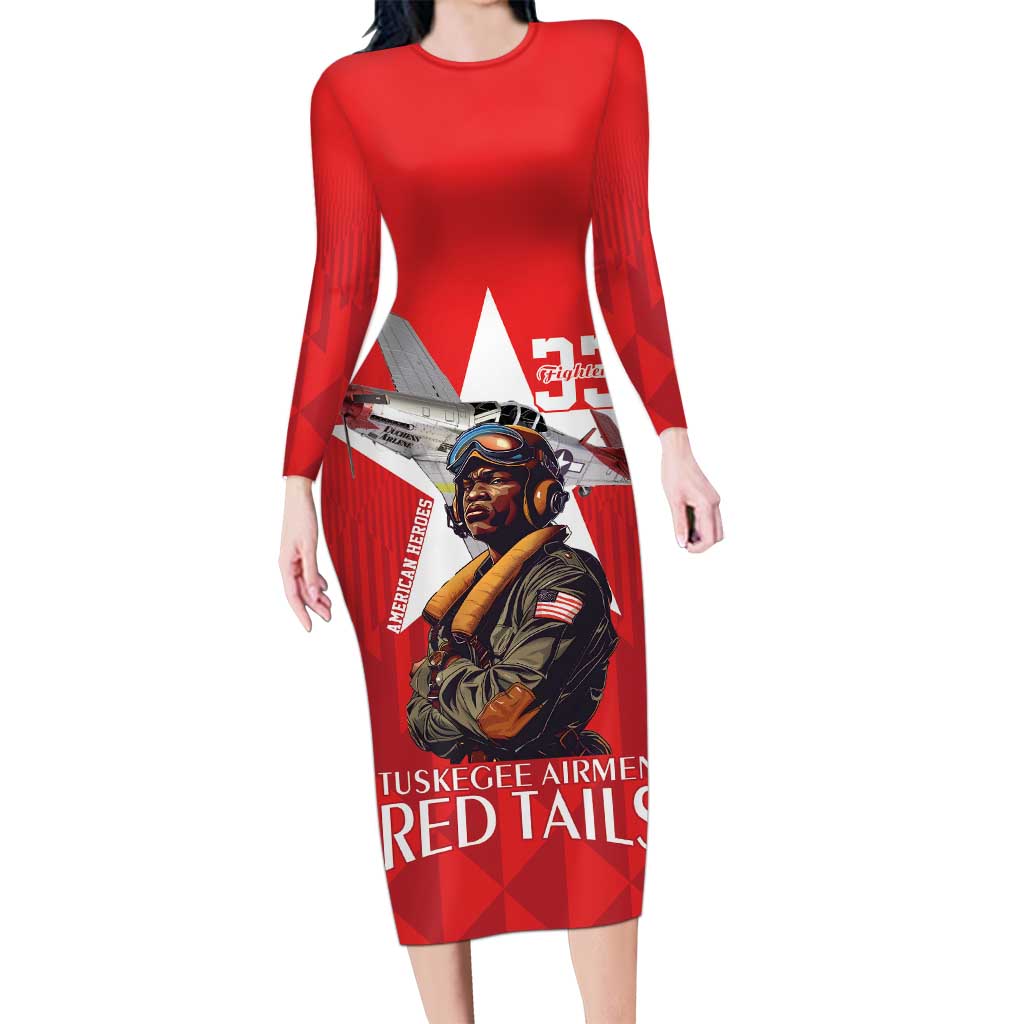 Tuskegee Airmen Red Tails Family Matching Long Sleeve Bodycon Dress and Hawaiian Shirt African American Pilots Heritage Red Style - Wonder Print Shop