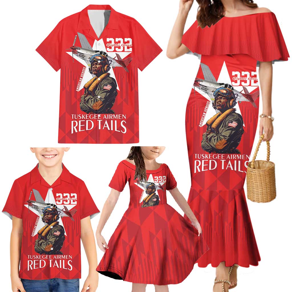 Tuskegee Airmen Red Tails Family Matching Mermaid Dress and Hawaiian Shirt African American Pilots Heritage Red Style - Wonder Print Shop