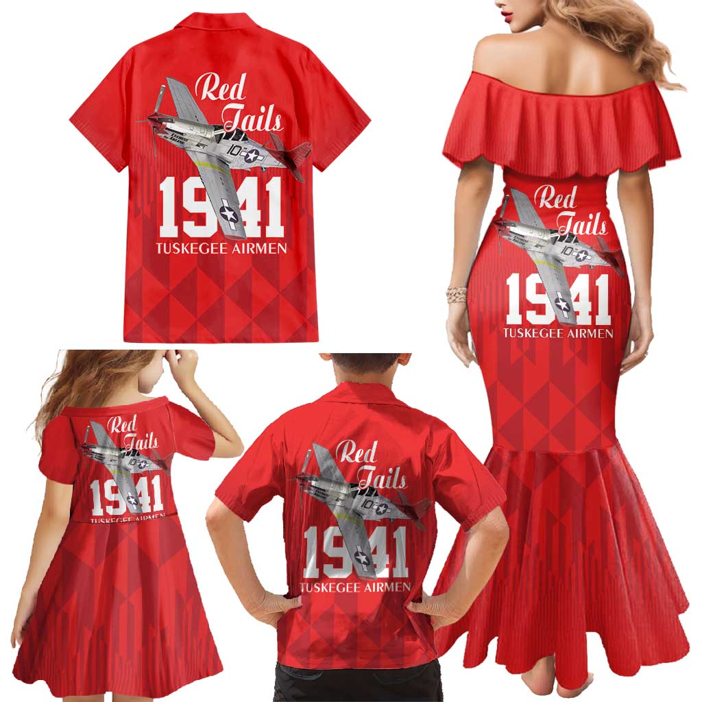 Tuskegee Airmen Red Tails Family Matching Mermaid Dress and Hawaiian Shirt African American Pilots Heritage Red Style - Wonder Print Shop