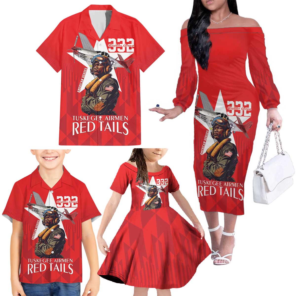 Tuskegee Airmen Red Tails Family Matching Off The Shoulder Long Sleeve Dress and Hawaiian Shirt African American Pilots Heritage Red Style - Wonder Print Shop