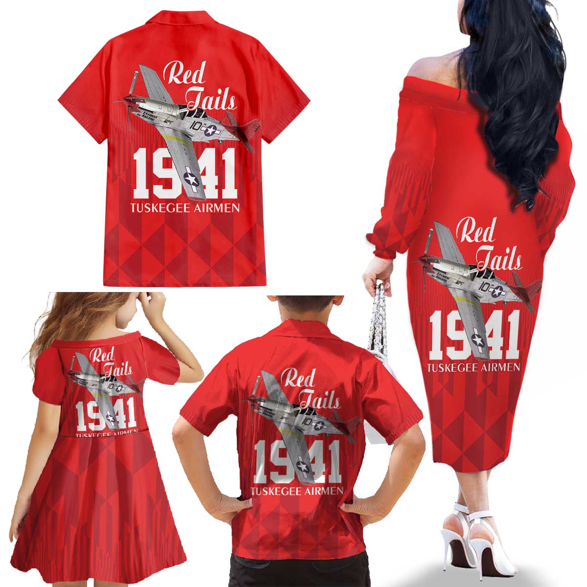 Tuskegee Airmen Red Tails Family Matching Off The Shoulder Long Sleeve Dress and Hawaiian Shirt African American Pilots Heritage Red Style - Wonder Print Shop