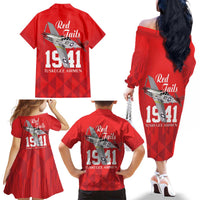 Tuskegee Airmen Red Tails Family Matching Off The Shoulder Long Sleeve Dress and Hawaiian Shirt African American Pilots Heritage Red Style - Wonder Print Shop