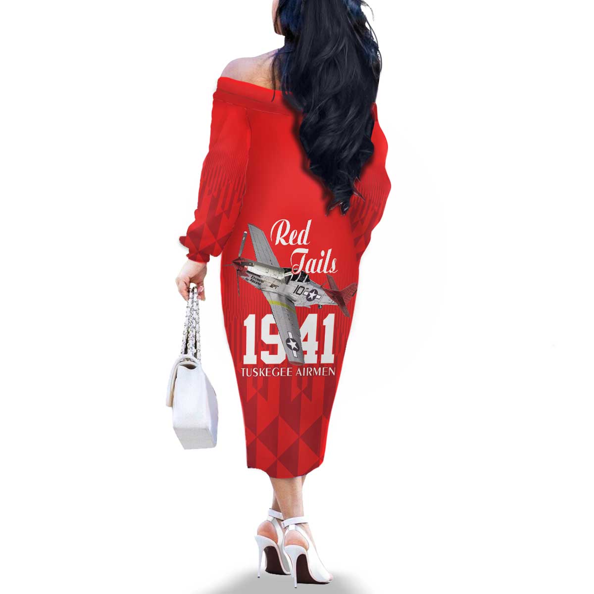 Tuskegee Airmen Red Tails Family Matching Off The Shoulder Long Sleeve Dress and Hawaiian Shirt African American Pilots Heritage Red Style - Wonder Print Shop