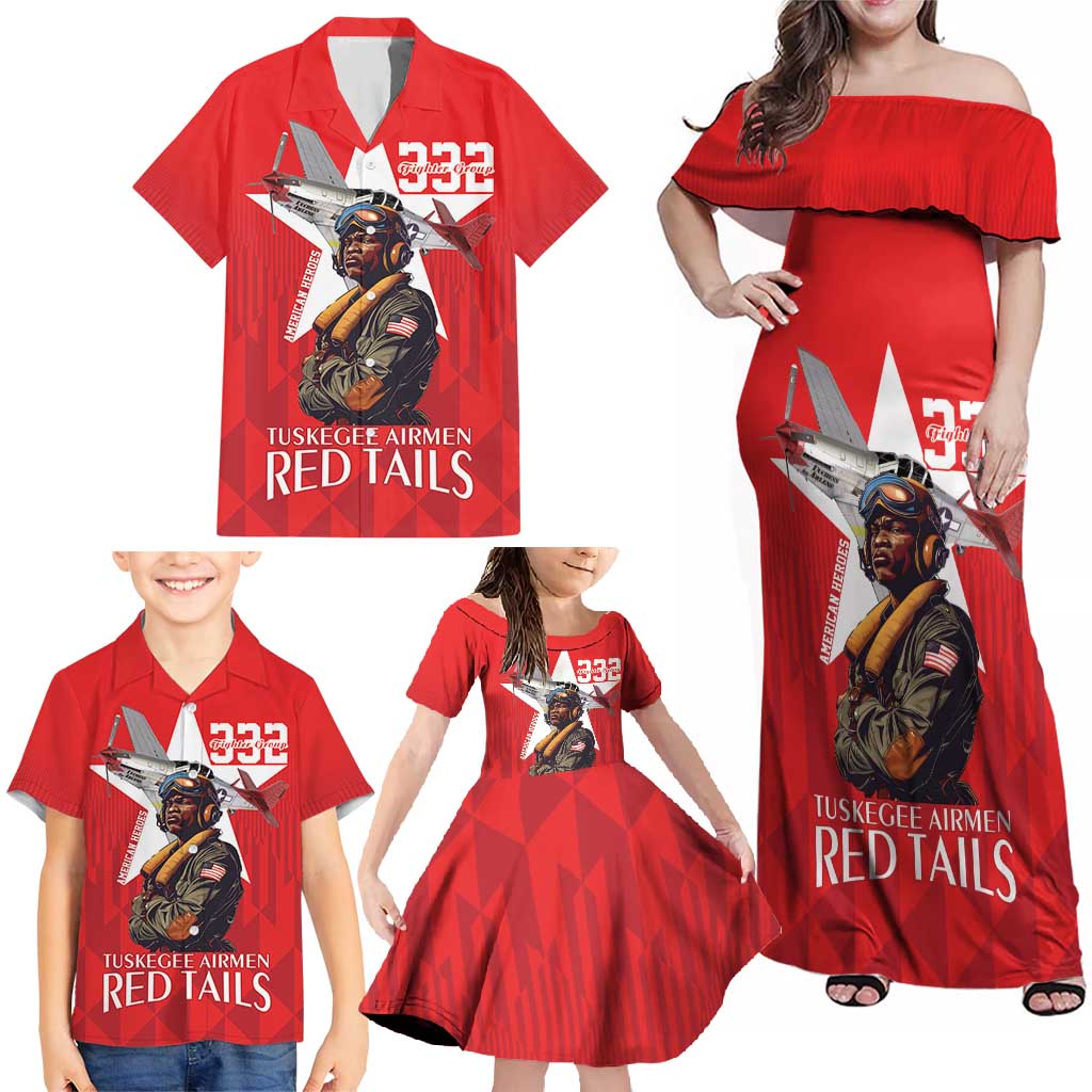 Tuskegee Airmen Red Tails Family Matching Off Shoulder Maxi Dress and Hawaiian Shirt African American Pilots Heritage Red Style - Wonder Print Shop