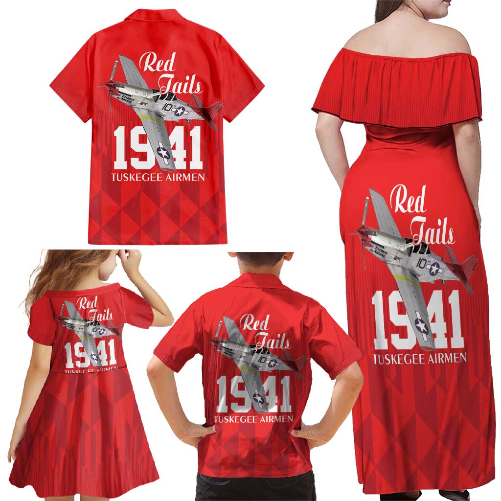 Tuskegee Airmen Red Tails Family Matching Off Shoulder Maxi Dress and Hawaiian Shirt African American Pilots Heritage Red Style - Wonder Print Shop