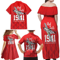 Tuskegee Airmen Red Tails Family Matching Off Shoulder Maxi Dress and Hawaiian Shirt African American Pilots Heritage Red Style - Wonder Print Shop