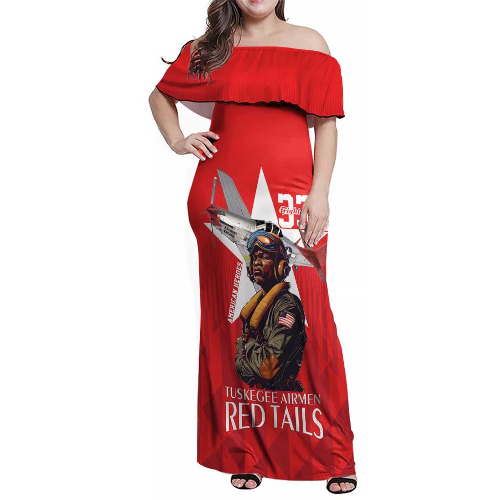 Tuskegee Airmen Red Tails Family Matching Off Shoulder Maxi Dress and Hawaiian Shirt African American Pilots Heritage Red Style - Wonder Print Shop