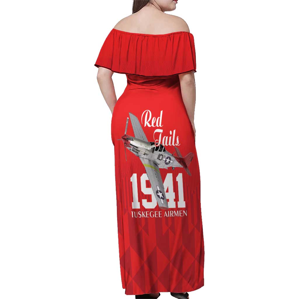 Tuskegee Airmen Red Tails Family Matching Off Shoulder Maxi Dress and Hawaiian Shirt African American Pilots Heritage Red Style - Wonder Print Shop