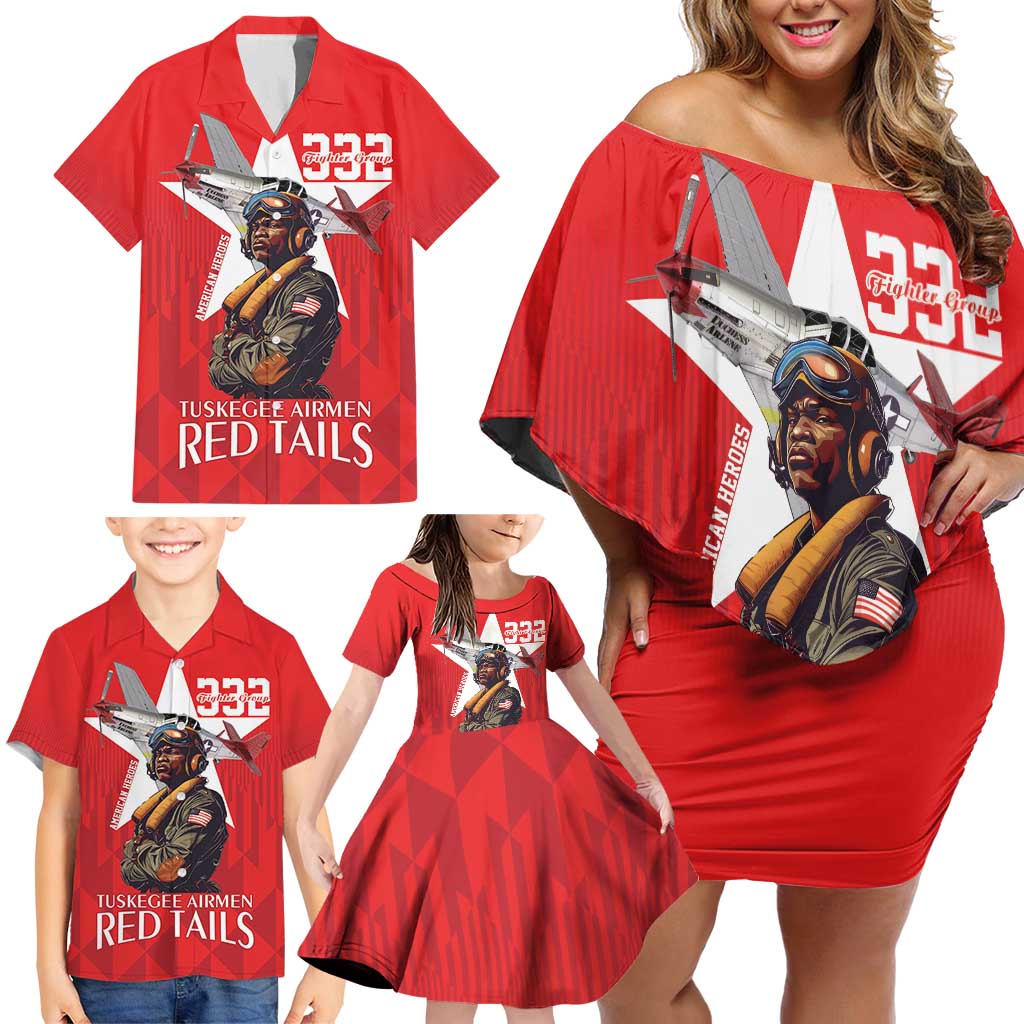 Tuskegee Airmen Red Tails Family Matching Off Shoulder Short Dress and Hawaiian Shirt African American Pilots Heritage Red Style - Wonder Print Shop