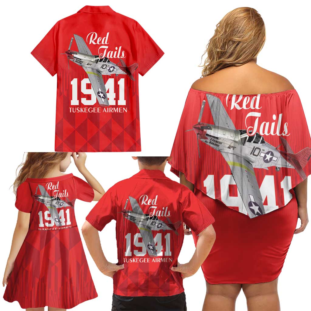 Tuskegee Airmen Red Tails Family Matching Off Shoulder Short Dress and Hawaiian Shirt African American Pilots Heritage Red Style - Wonder Print Shop