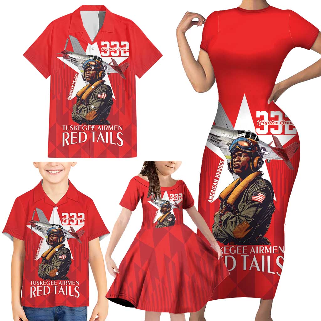 Tuskegee Airmen Red Tails Family Matching Short Sleeve Bodycon Dress and Hawaiian Shirt African American Pilots Heritage Red Style - Wonder Print Shop