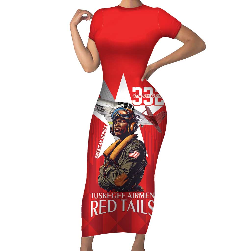 Tuskegee Airmen Red Tails Family Matching Short Sleeve Bodycon Dress and Hawaiian Shirt African American Pilots Heritage Red Style - Wonder Print Shop