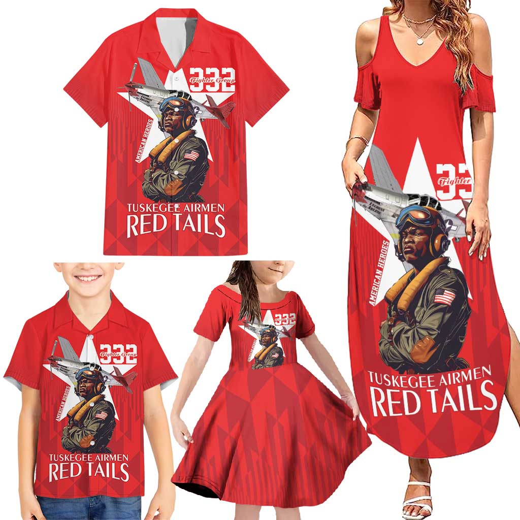 Tuskegee Airmen Red Tails Family Matching Summer Maxi Dress and Hawaiian Shirt African American Pilots Heritage Red Style - Wonder Print Shop