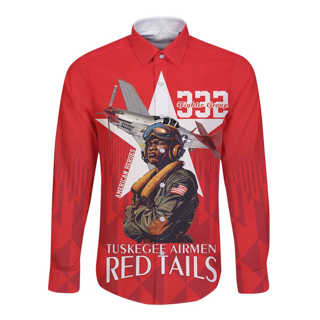 Tuskegee Airmen Red Tails Long Sleeve Button Shirt African American Pilots Heritage Red Style - Wonder Print Shop