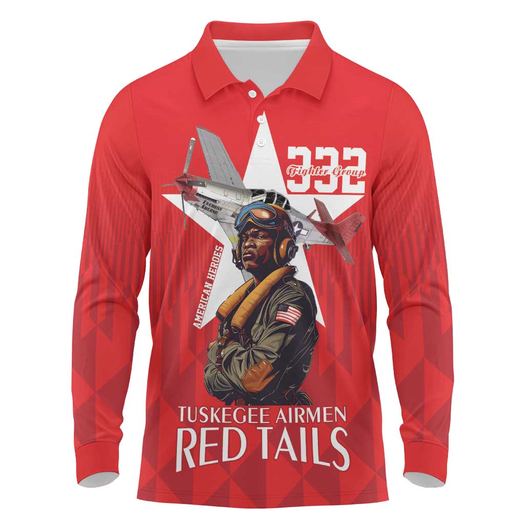 Tuskegee Airmen Red Tails Long Sleeve Polo Shirt African American Pilots Heritage Red Style - Wonder Print Shop