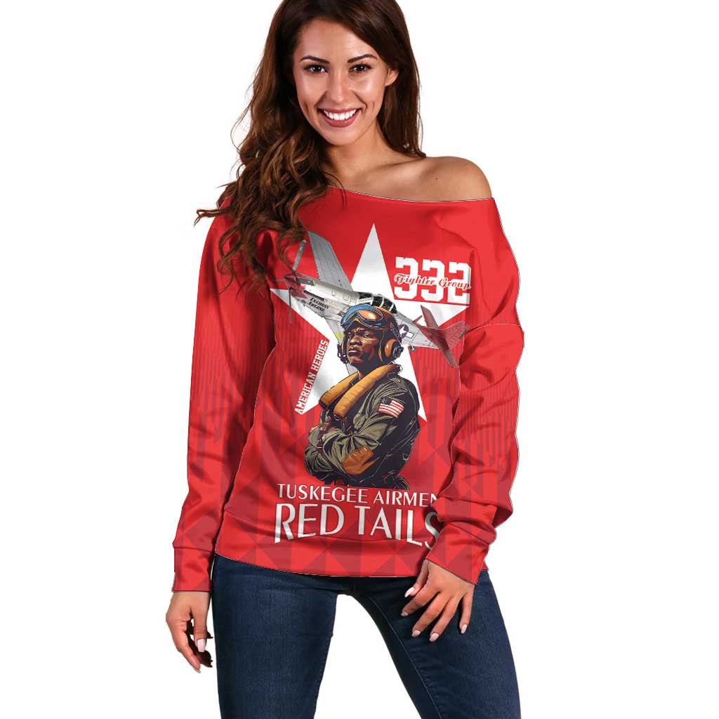 Tuskegee Airmen Red Tails Off Shoulder Sweater African American Pilots Heritage Red Style - Wonder Print Shop