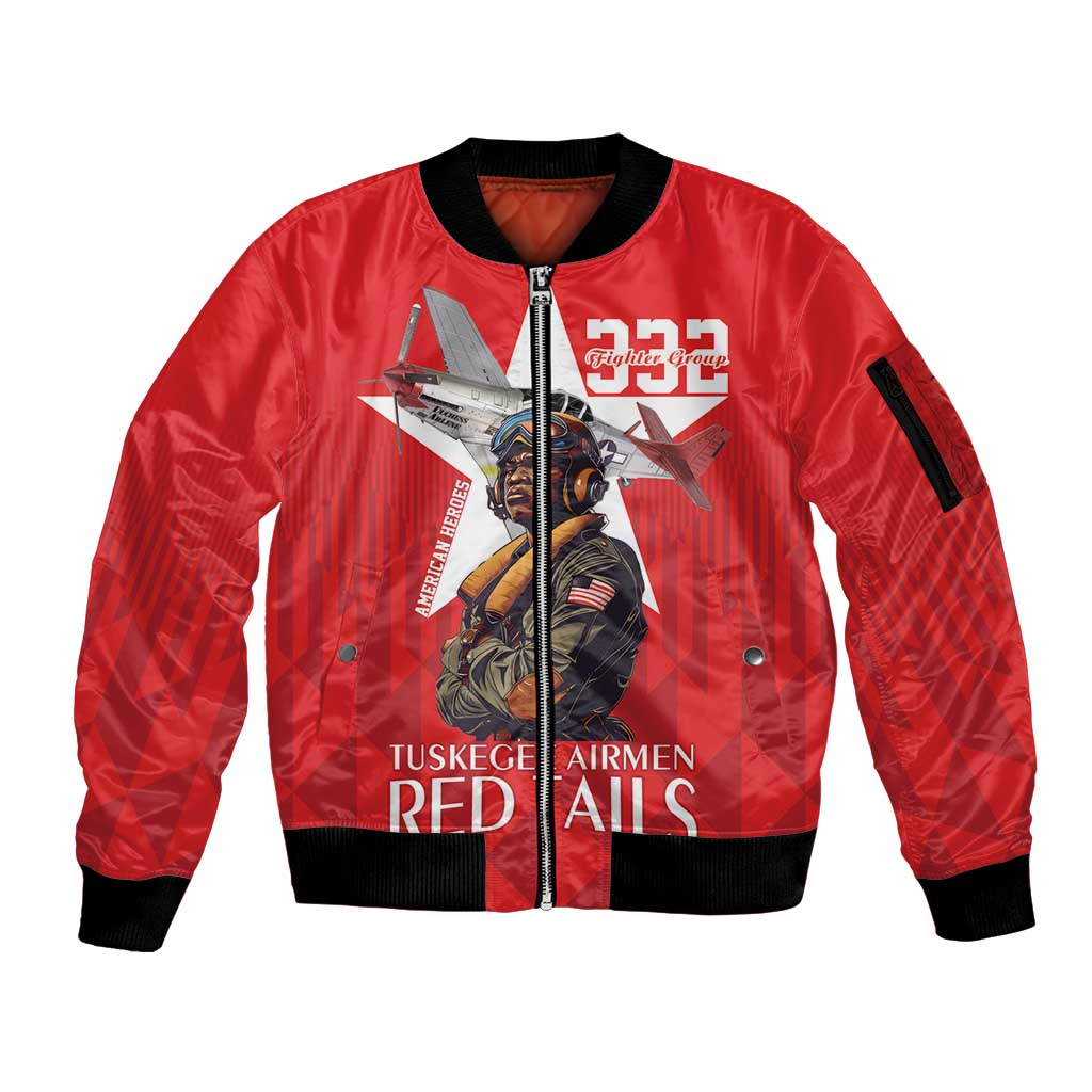 Tuskegee Airmen Red Tails Sleeve Zip Bomber Jacket African American Pilots Heritage Red Style - Wonder Print Shop