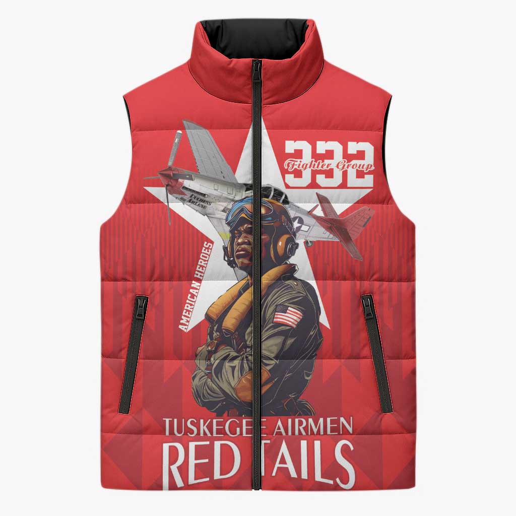 Tuskegee Airmen Red Tails Sleeveless Puffer Jacket African American Pilots Heritage Red Style - Wonder Print Shop
