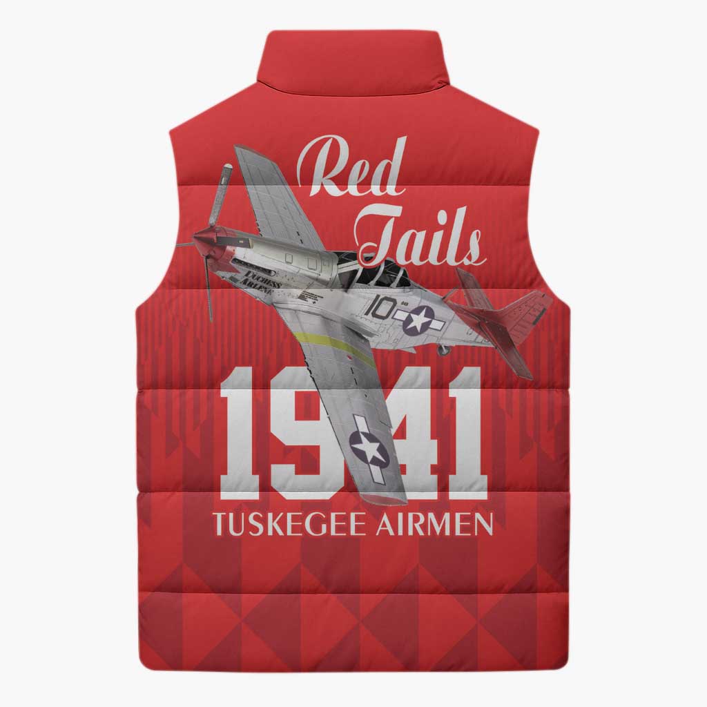 Tuskegee Airmen Red Tails Sleeveless Puffer Jacket African American Pilots Heritage Red Style - Wonder Print Shop