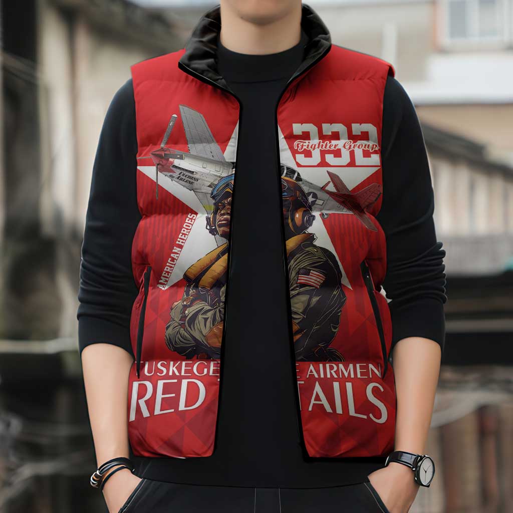 Tuskegee Airmen Red Tails Sleeveless Puffer Jacket African American Pilots Heritage Red Style - Wonder Print Shop