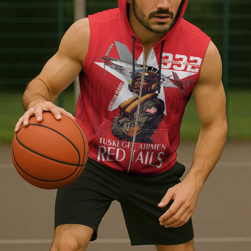 Tuskegee Airmen Red Tails Sleeveless Zip Hoodie African American Pilots Heritage Red Style - Wonder Print Shop