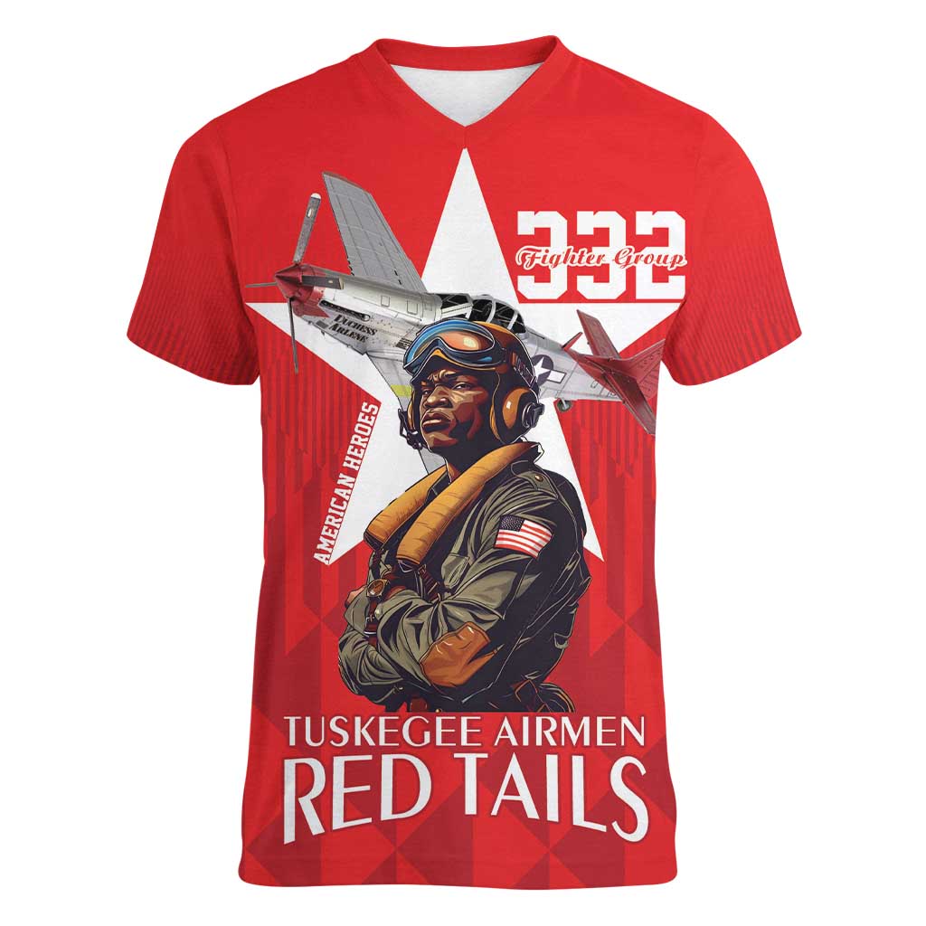 Tuskegee Airmen Red Tails Women V-Neck T-Shirt African American Pilots Heritage Red Style - Wonder Print Shop