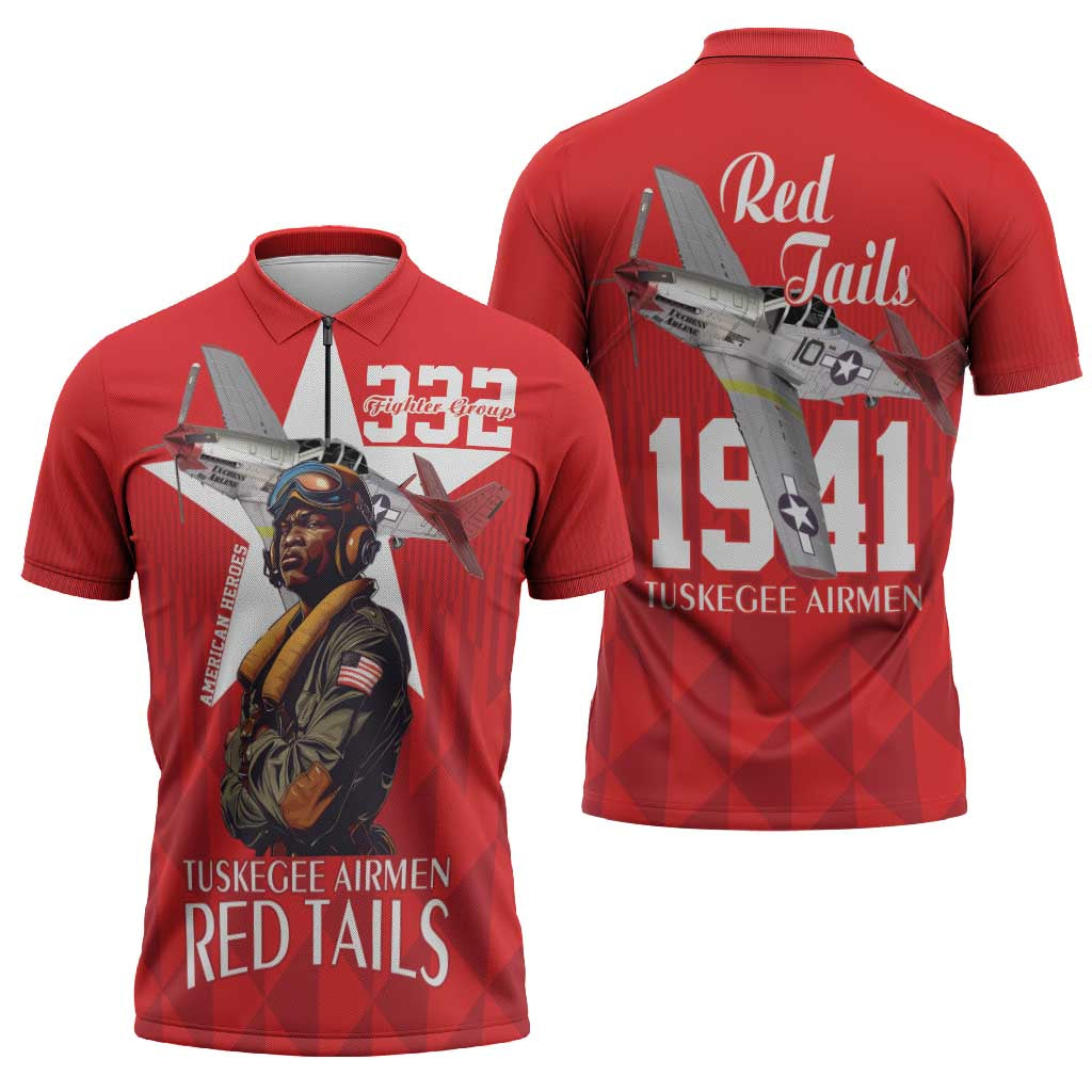 Tuskegee Airmen Red Tails Zipper Polo Shirt African American Pilots Heritage Red Style - Wonder Print Shop