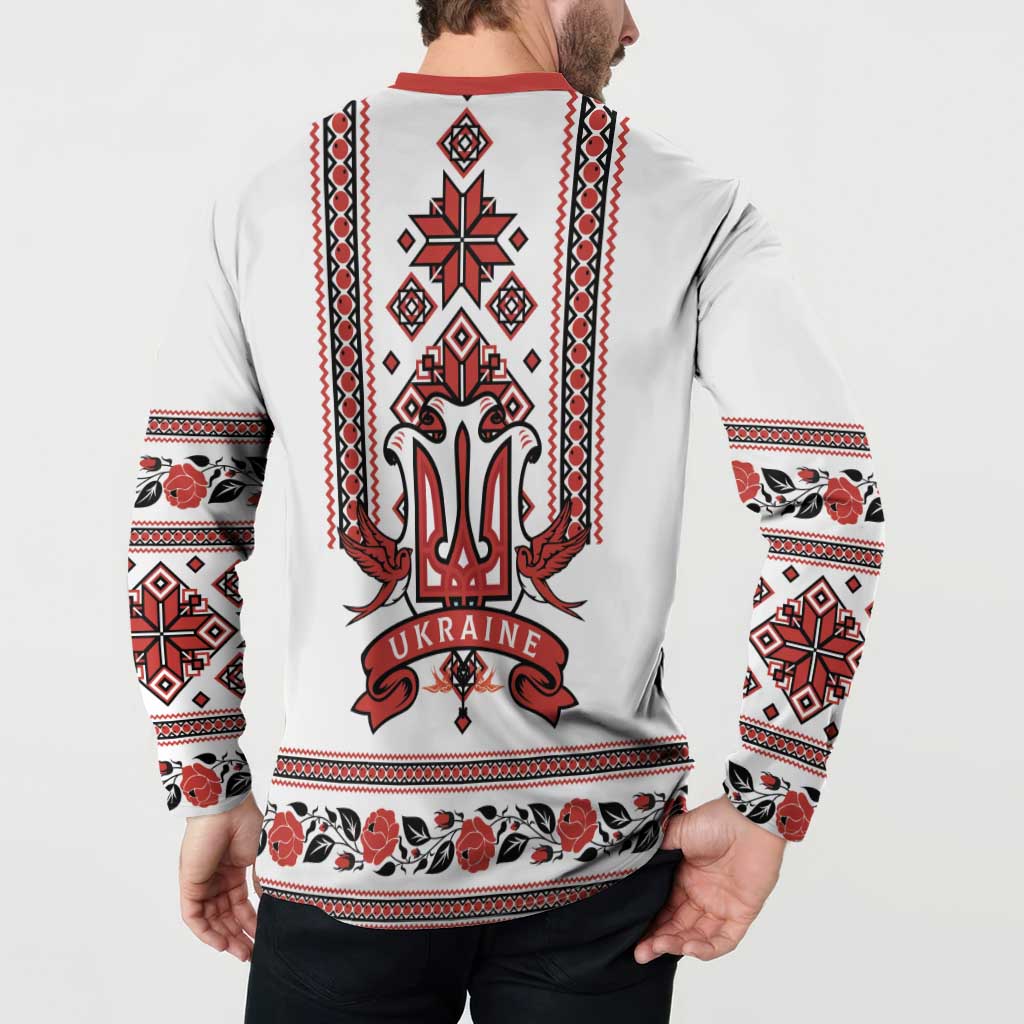 Ukraine Unity Day Button Sweatshirt The Trident With Folk Pattern - Wonder Print Shop