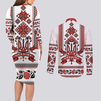 Ukraine Unity Day Couples Matching Long Sleeve Bodycon Dress and Long Sleeve Button Shirt The Trident With Folk Pattern - Wonder Print Shop
