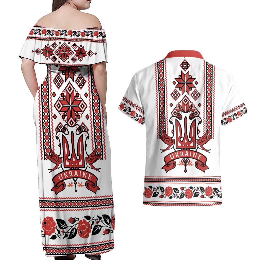 Ukraine Unity Day Couples Matching Off Shoulder Maxi Dress and Hawaiian Shirt The Trident With Folk Pattern - Wonder Print Shop
