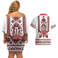 Ukraine Unity Day Couples Matching Off Shoulder Short Dress and Hawaiian Shirt The Trident With Folk Pattern - Wonder Print Shop
