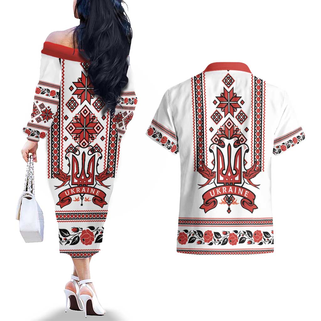 Ukraine Unity Day Couples Matching Off The Shoulder Long Sleeve Dress and Hawaiian Shirt The Trident With Folk Pattern - Wonder Print Shop