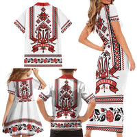 Ukraine Unity Day Family Matching Short Sleeve Bodycon Dress and Hawaiian Shirt The Trident With Folk Pattern - Wonder Print Shop