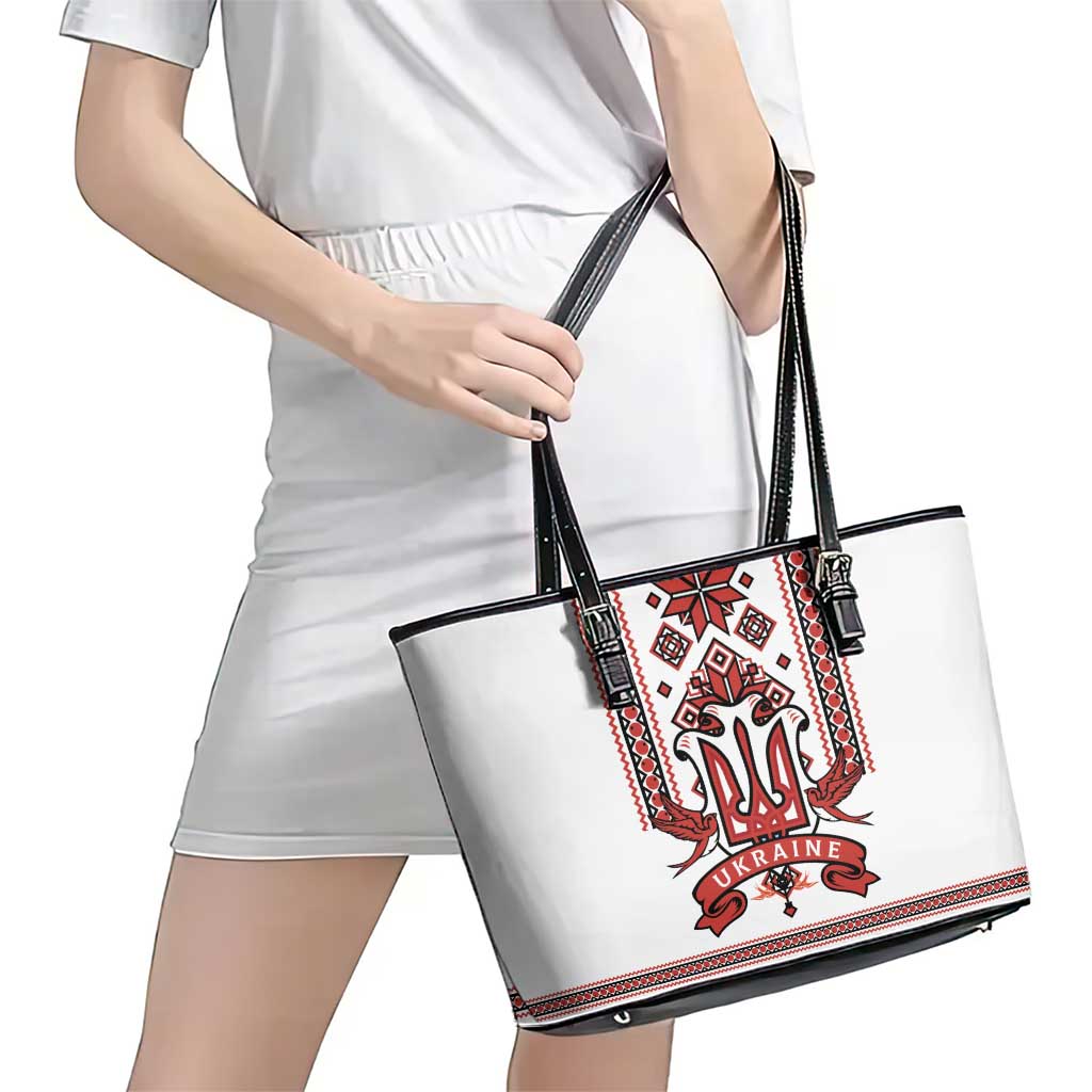 Ukraine Unity Day Leather Tote Bag The Trident With Folk Pattern - Wonder Print Shop