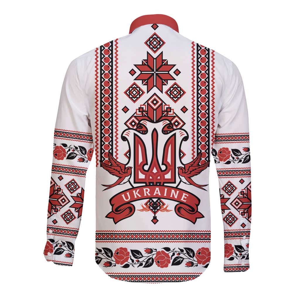 Ukraine Unity Day Long Sleeve Button Shirt The Trident With Folk Pattern - Wonder Print Shop