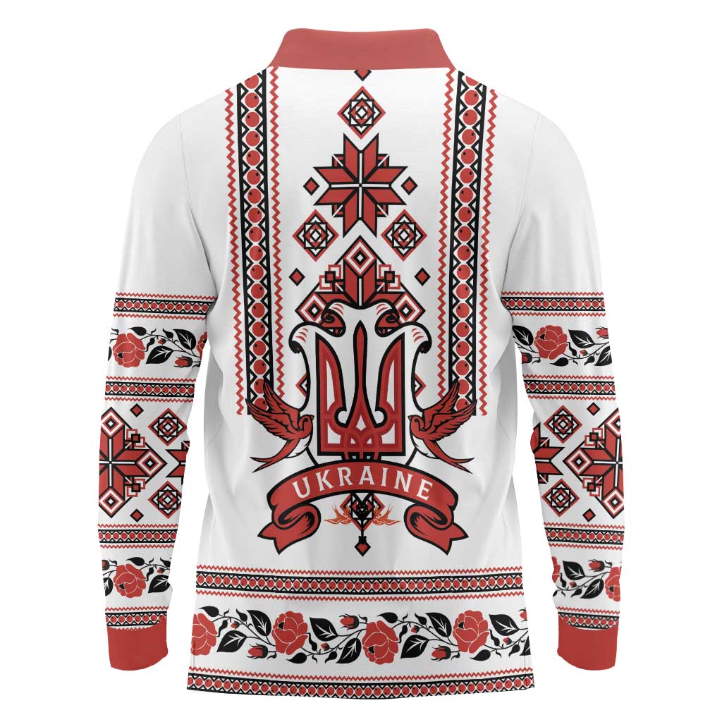 Ukraine Unity Day Long Sleeve Polo Shirt The Trident With Folk Pattern - Wonder Print Shop