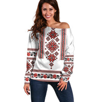 Ukraine Unity Day Off Shoulder Sweater The Trident With Folk Pattern - Wonder Print Shop