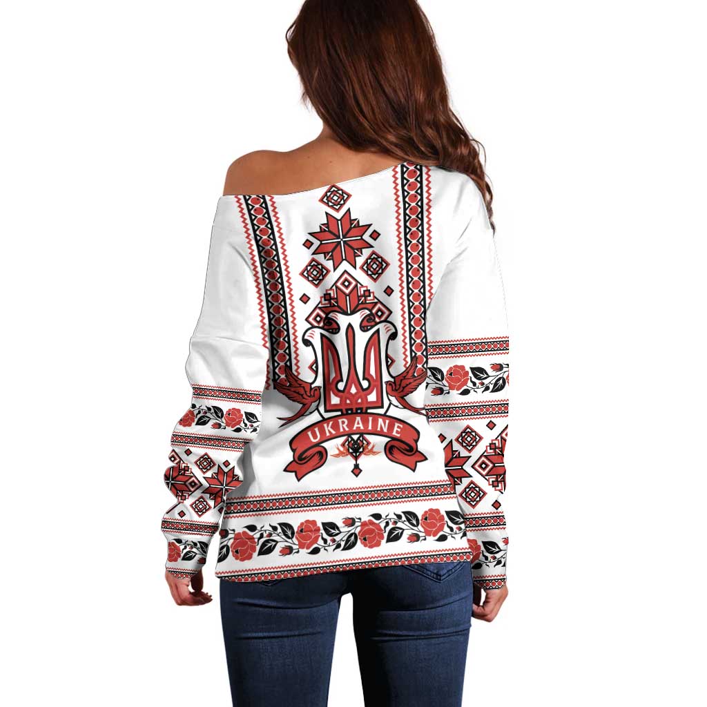 Ukraine Unity Day Off Shoulder Sweater The Trident With Folk Pattern - Wonder Print Shop