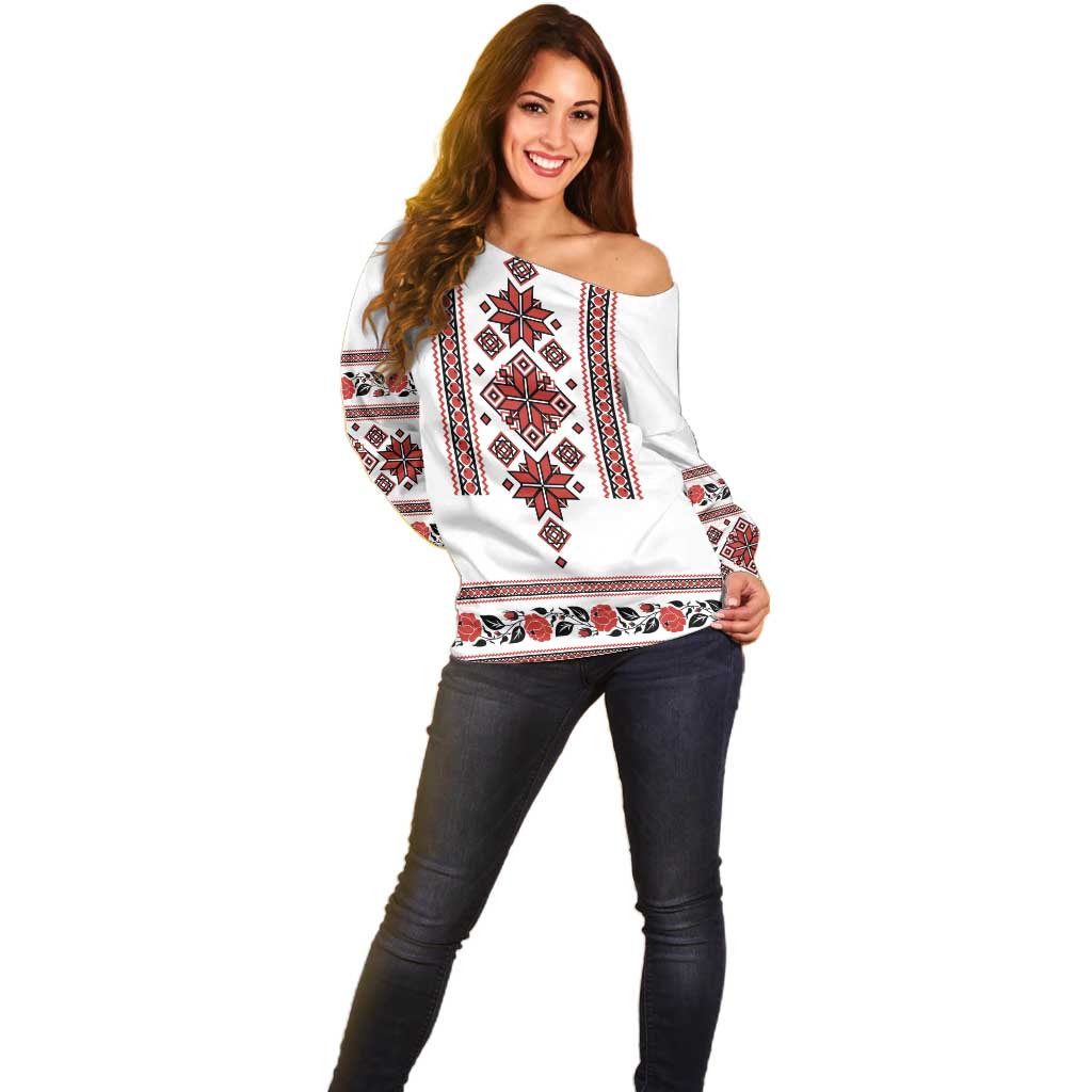 Ukraine Unity Day Off Shoulder Sweater The Trident With Folk Pattern - Wonder Print Shop