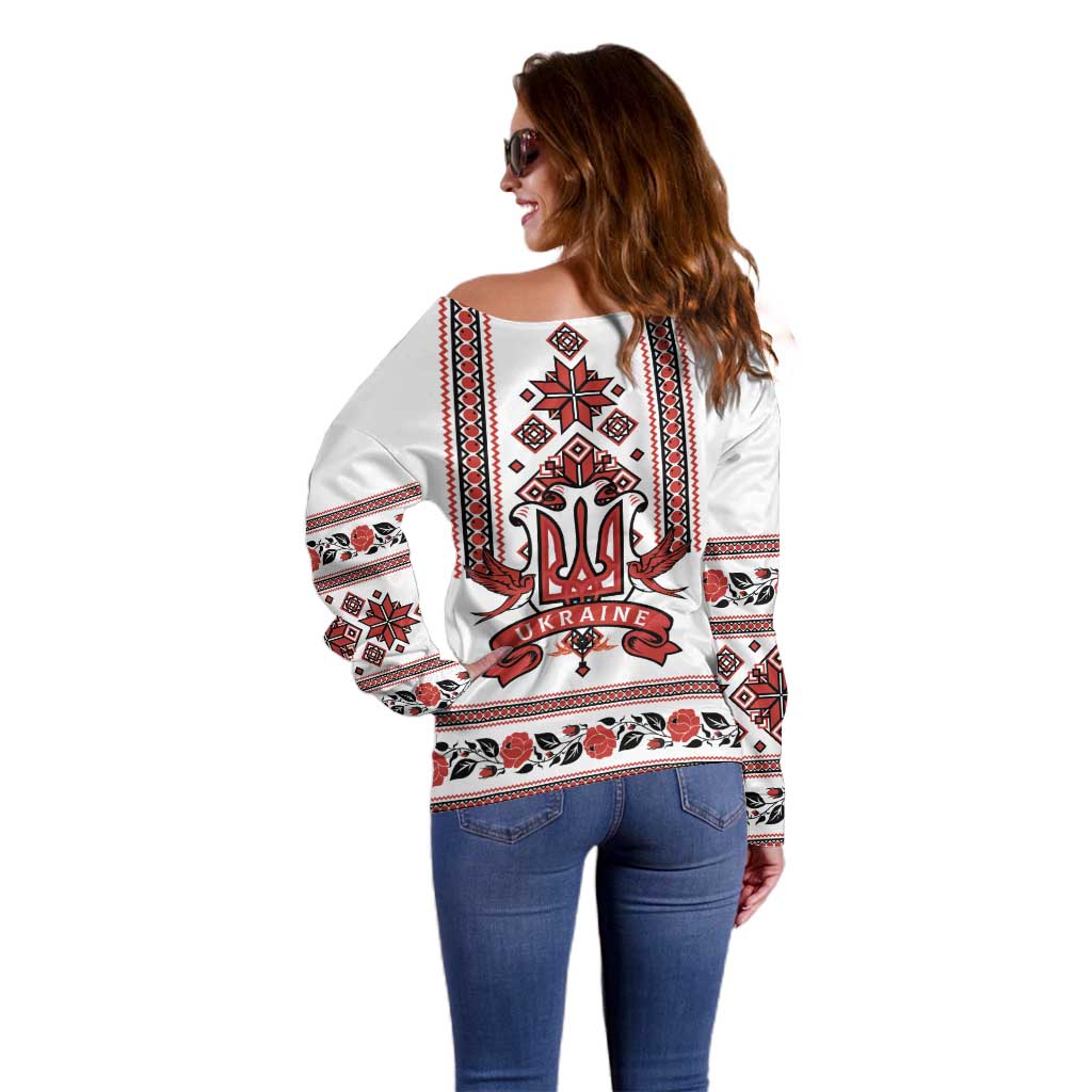Ukraine Unity Day Off Shoulder Sweater The Trident With Folk Pattern - Wonder Print Shop