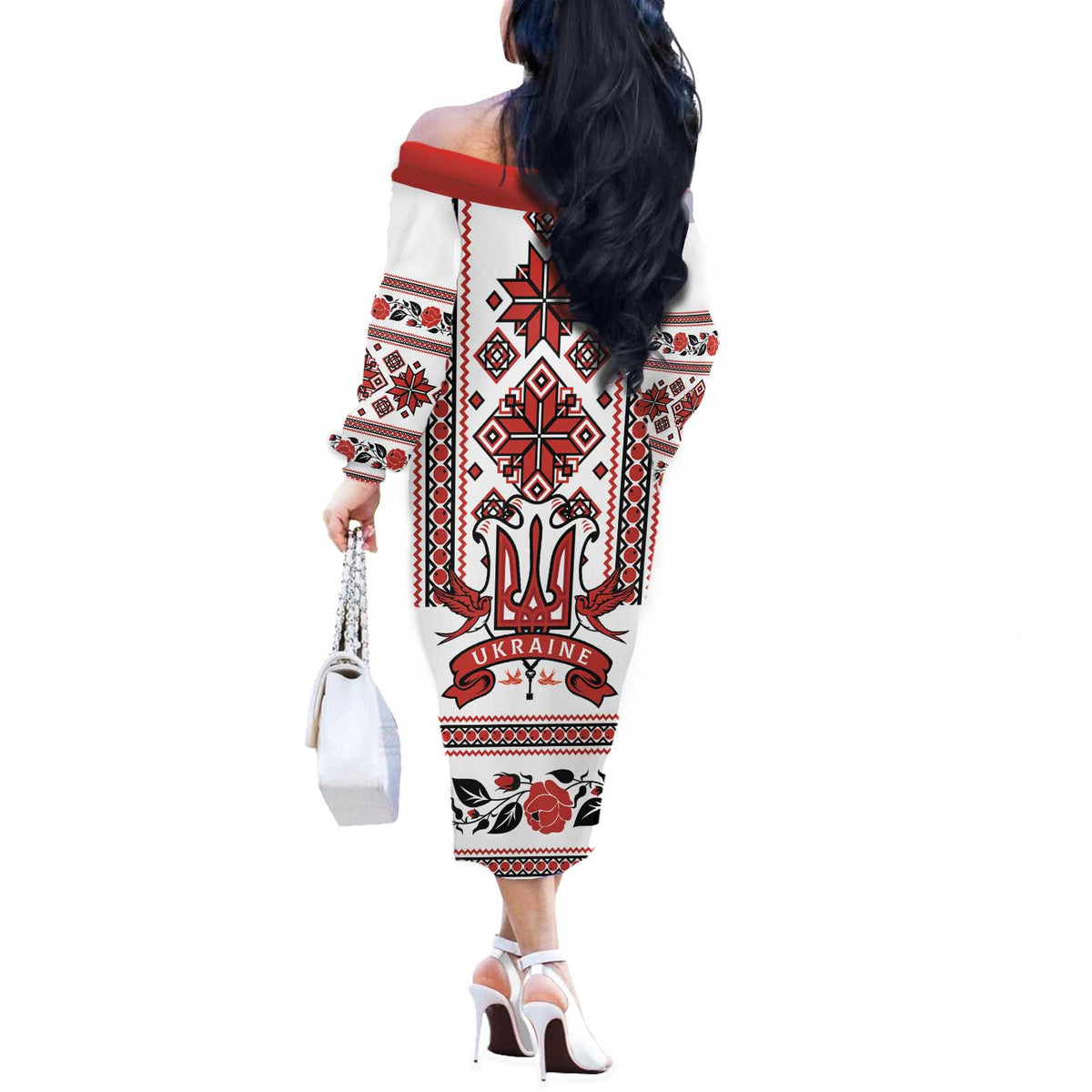 Ukraine Unity Day Off The Shoulder Long Sleeve Dress The Trident With Folk Pattern - Wonder Print Shop